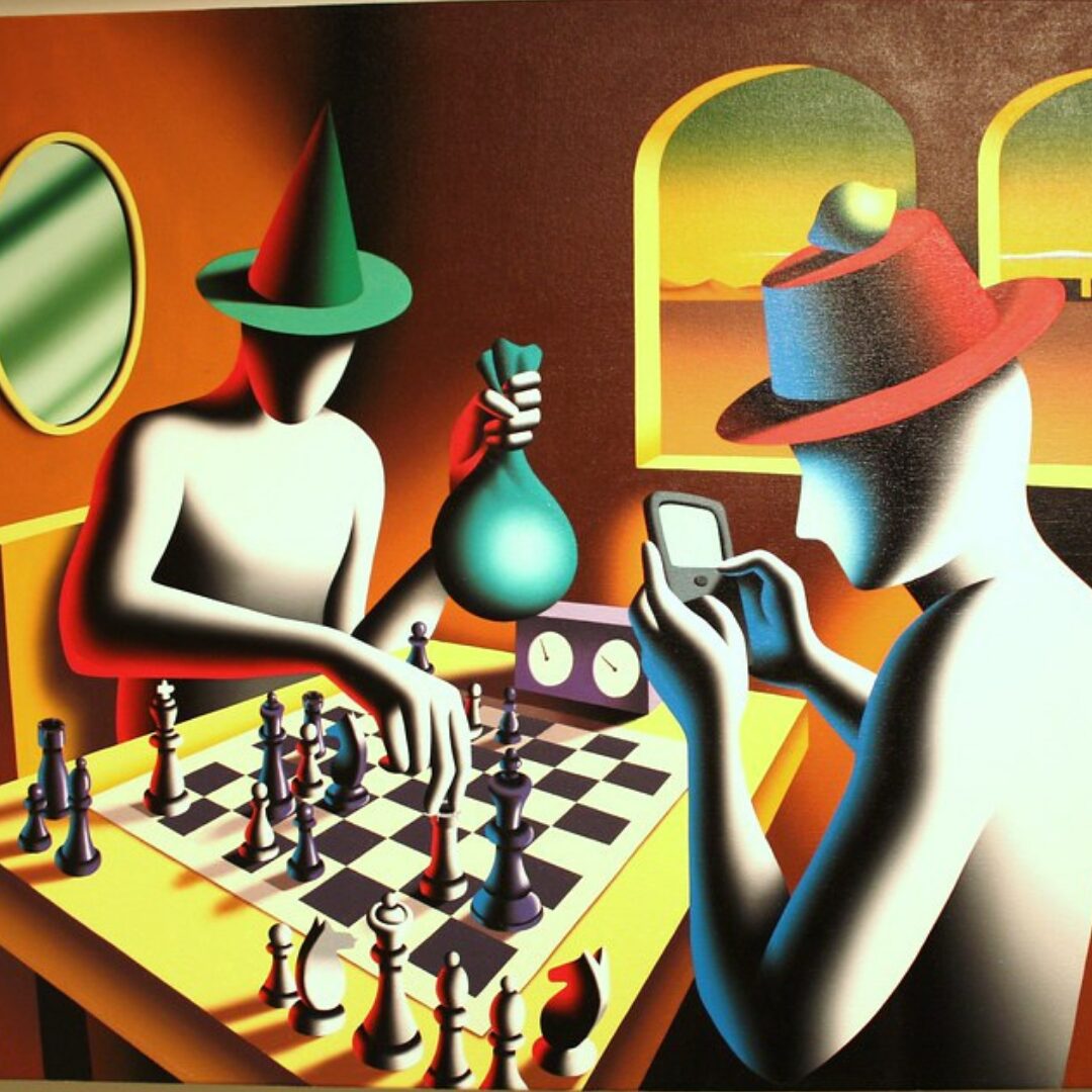Mark Kostabi - opera pop art di due persone che giocano a schacchi